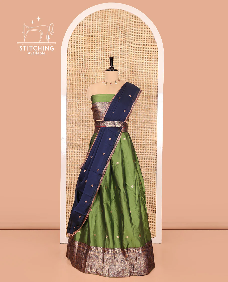 Leaf Green and Blue Semi-Banarasi Half-Saree, Beautifully Woven with Zari Buttas on Its Skirt, Complemented by a Contrast Geometric Patterns Zari Woven Border, Paired with a Matching Blouse, and a Contrast Satin Georgette Embroidered Scallop Dhavani - Image 3