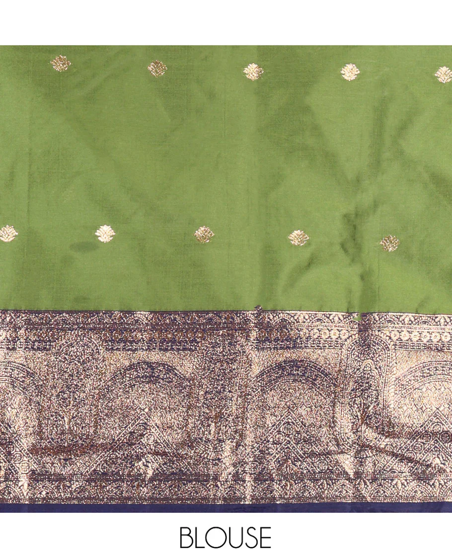 Leaf Green and Blue Semi-Banarasi Half-Saree, Beautifully Woven with Zari Buttas on Its Skirt, Complemented by a Contrast Geometric Patterns Zari Woven Border, Paired with a Matching Blouse, and a Contrast Satin Georgette Embroidered Scallop Dhavani - Image 4