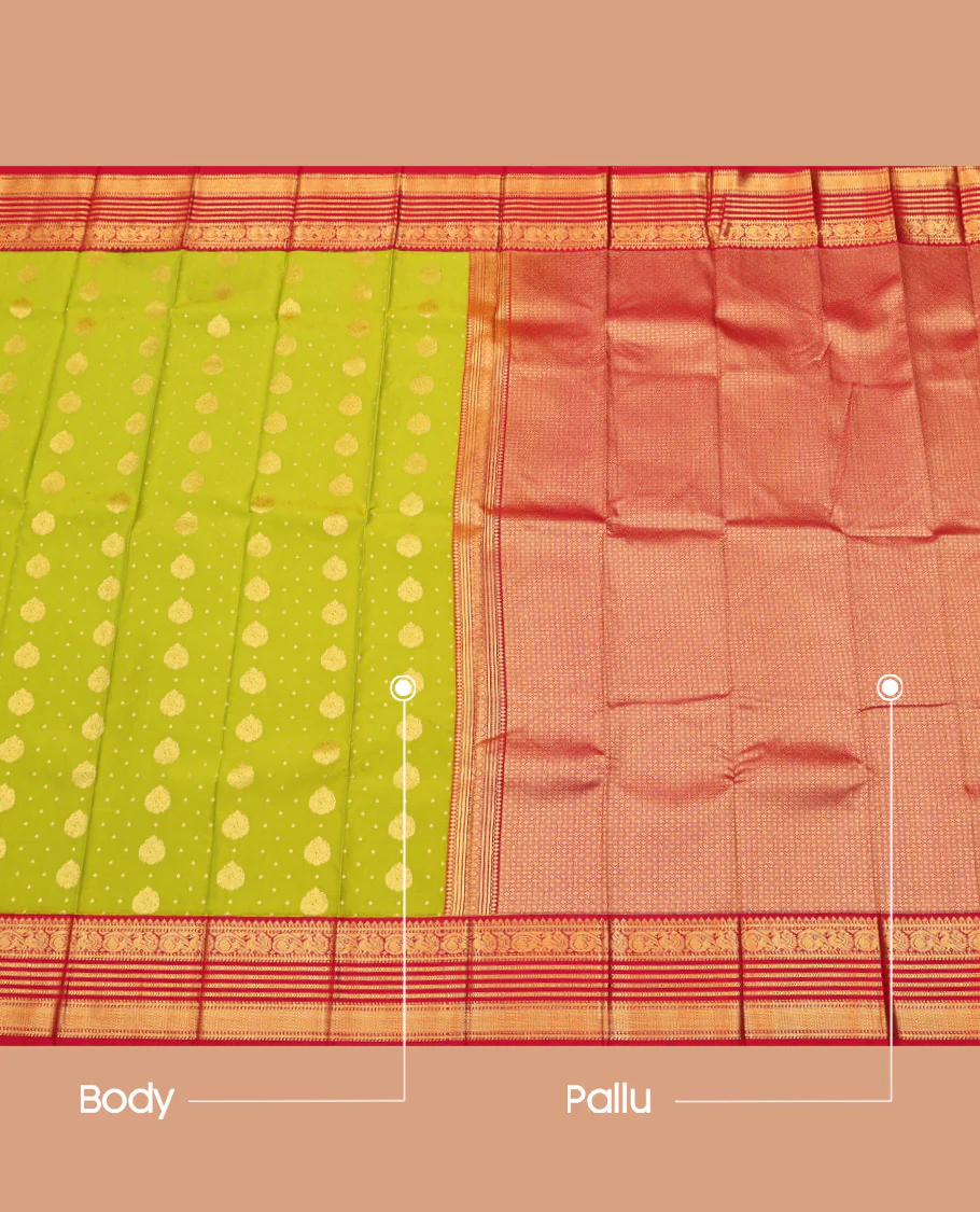 Leaf Green Budget Silk Saree, Delicately Woven with Zari Buttas on Its Body, Complemented by a Contrast Traditional Zari Varisai Pettu Border, Grand Jaal Pallu, and Paired with a Contrast Blouse - Image 3