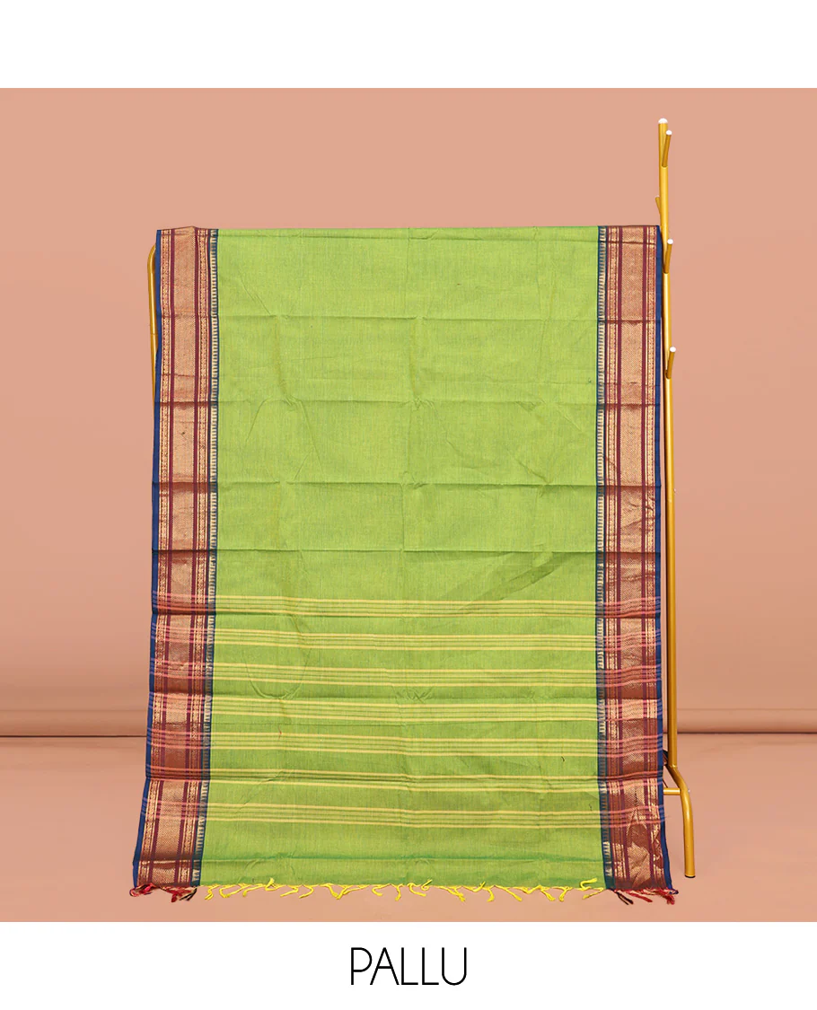 Leaf Green Plain Chettinad Cotton Saree, Complemented by Contrast Traditional Zari Design Border, Pallu of Stripes, and Paired with a Matching Blouse - Image 2