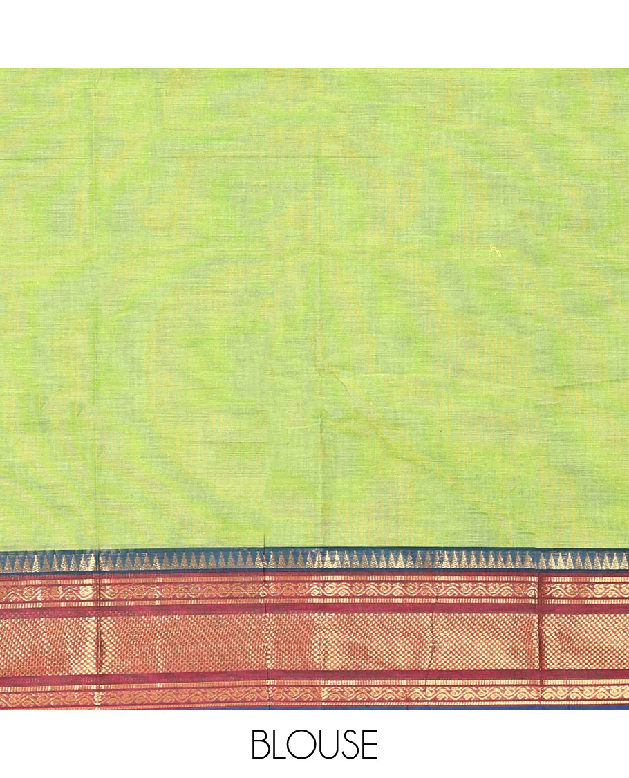 Leaf Green Plain Chettinad Cotton Saree, Complemented by Contrast Traditional Zari Design Border, Pallu of Stripes, and Paired with a Matching Blouse - Image 3