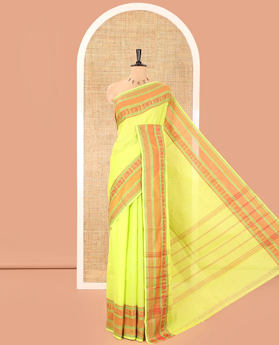 Leaf Green Plain Chettinad Cotton Saree, Delicately Decked Up with Traditional Thread Border Featuring Peacock and Ara Maadam Designs, Subtly Striped Pallu, and Paired with a Matching Blouse - Image 6
