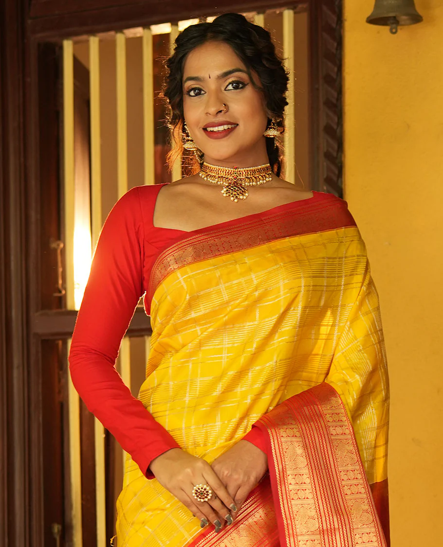 Lemon Yellow and Red Vasundhara Lite Silk Saree, Richly Detailed with Zari Checked Design On Its Body, Complemented by Contrast Varisai Pettu Border of Mayil Chakram Designs, Grand Jaal Pallu, and Paired with a Contrast Blouse - Image 3