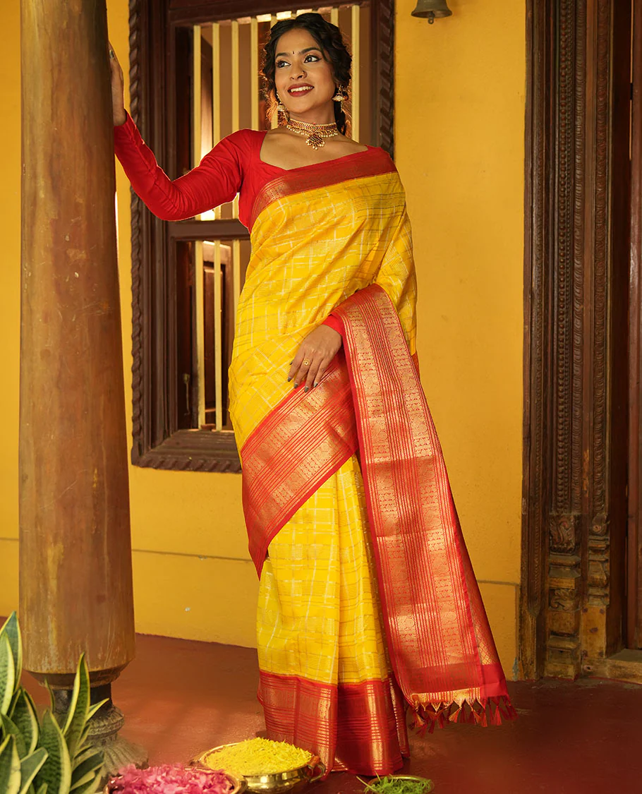 Lemon Yellow and Red Vasundhara Lite Silk Saree, Richly Detailed with Zari Checked Design On Its Body, Complemented by Contrast Varisai Pettu Border of Mayil Chakram Designs, Grand Jaal Pallu, and Paired with a Contrast Blouse - Image 4