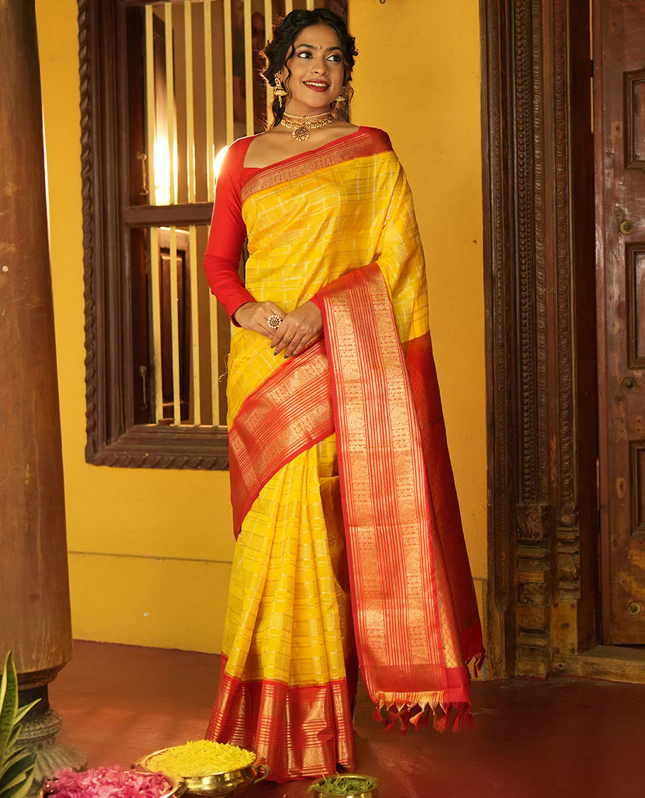 Lemon Yellow and Red Vasundhara Lite Silk Saree, Richly Detailed with Zari Checked Design On Its Body, Complemented by Contrast Varisai Pettu Border of Mayil Chakram Designs, Grand Jaal Pallu, and Paired with a Contrast Blouse - Image 5
