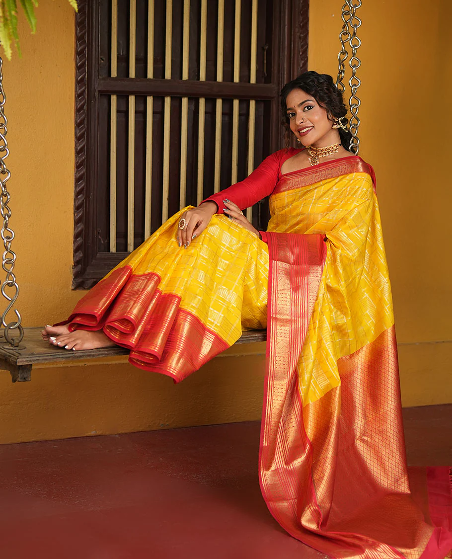 Lemon Yellow and Red Vasundhara Lite Silk Saree, Richly Detailed with Zari Checked Design On Its Body, Complemented by Contrast Varisai Pettu Border of Mayil Chakram Designs, Grand Jaal Pallu, and Paired with a Contrast Blouse - Image 6