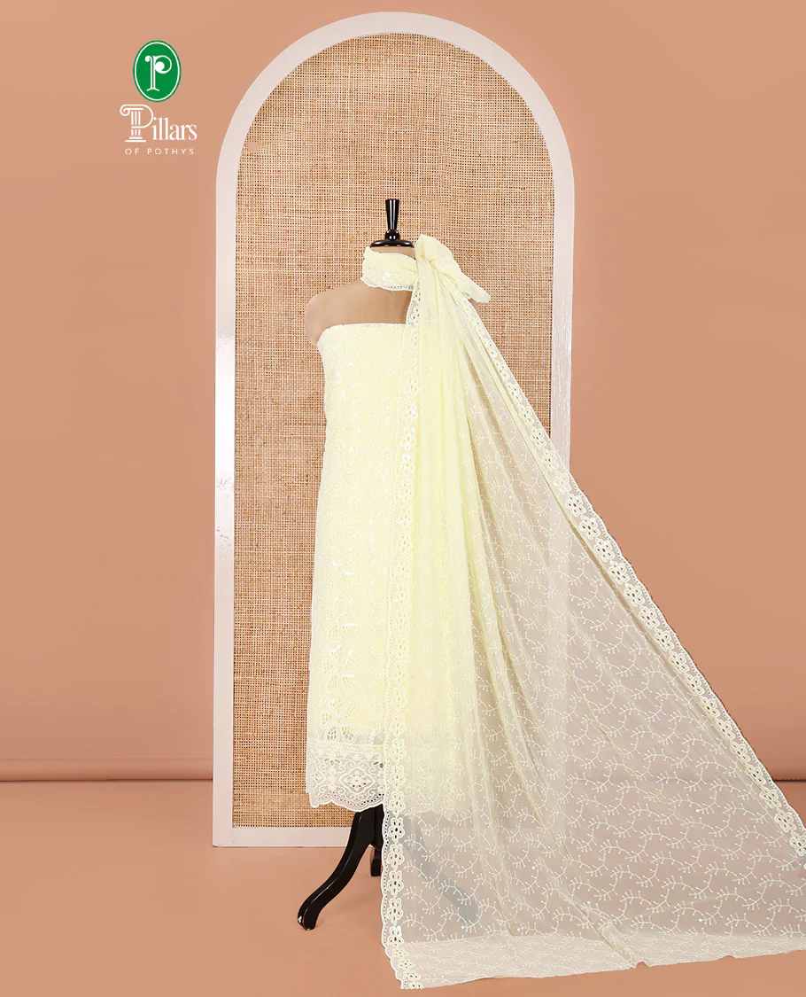 Lemon Yellow Fox Georgette Material Chudidar Set, Adorned with Cut Work and Sequins Embroidered Top, a Plain American Crepe Bottom, and Comes with a  Embroidered Georgette Scallop Dupatta