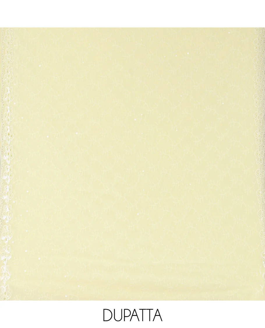 Lemon Yellow Fox Georgette Material Chudidar Set, Adorned with Cut Work and Sequins Embroidered Top, a Plain American Crepe Bottom, and Comes with a  Embroidered Georgette Scallop Dupatta - Image 2