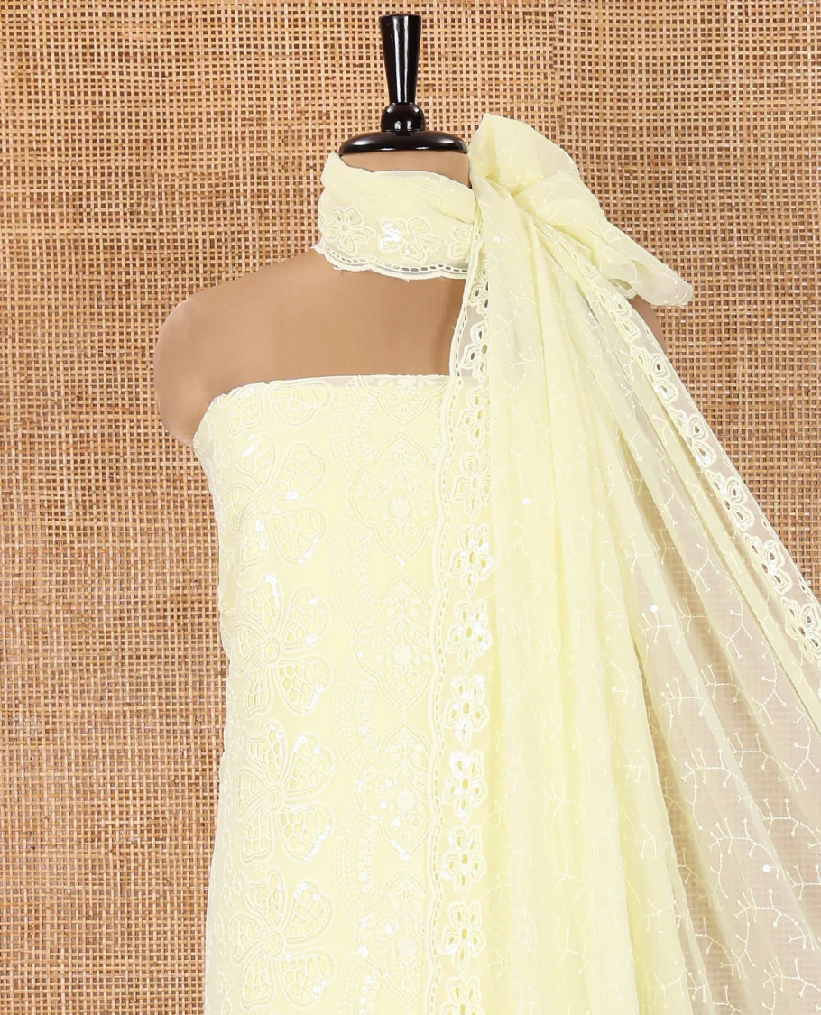 Lemon Yellow Fox Georgette Material Chudidar Set, Adorned with Cut Work and Sequins Embroidered Top, a Plain American Crepe Bottom, and Comes with a  Embroidered Georgette Scallop Dupatta - Image 3
