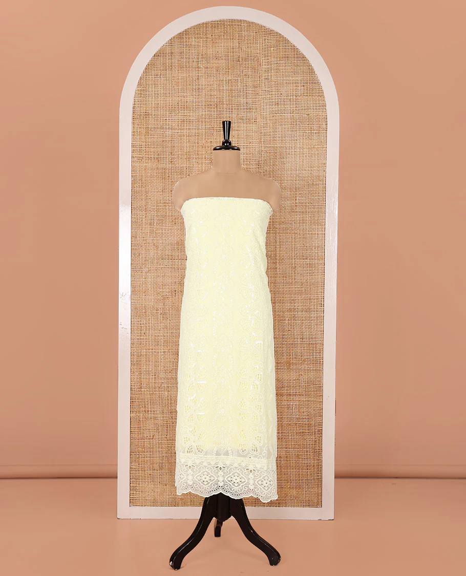 Lemon Yellow Fox Georgette Material Chudidar Set, Adorned with Cut Work and Sequins Embroidered Top, a Plain American Crepe Bottom, and Comes with a  Embroidered Georgette Scallop Dupatta - Image 4