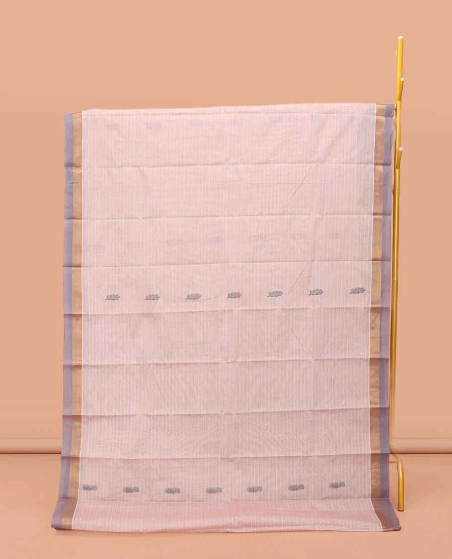 Light Beige Kanchi Cotton Saree, Subtly Designed with Buttas and Stripes, Contrast Border, Pallu of Ogee Patterns, and a Matching Blouse