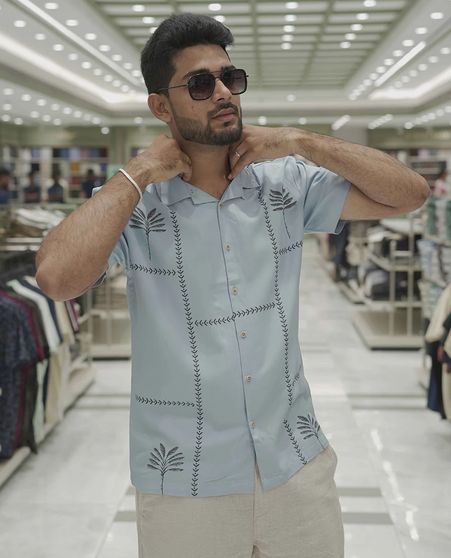 Light Blue Cotton-Blended Casual Shirt, Subtle Sparkled with Contemporary Prints, Comes with a Cuban Collar, Half-Sleeves, Regular Fit, and Regular Length - Image 3