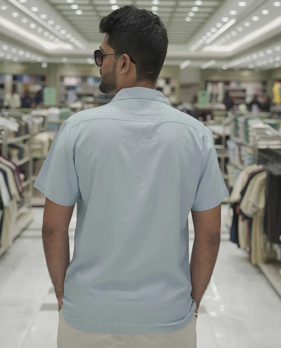 Light Blue Cotton-Blended Casual Shirt, Subtle Sparkled with Contemporary Prints, Comes with a Cuban Collar, Half-Sleeves, Regular Fit, and Regular Length - Image 4