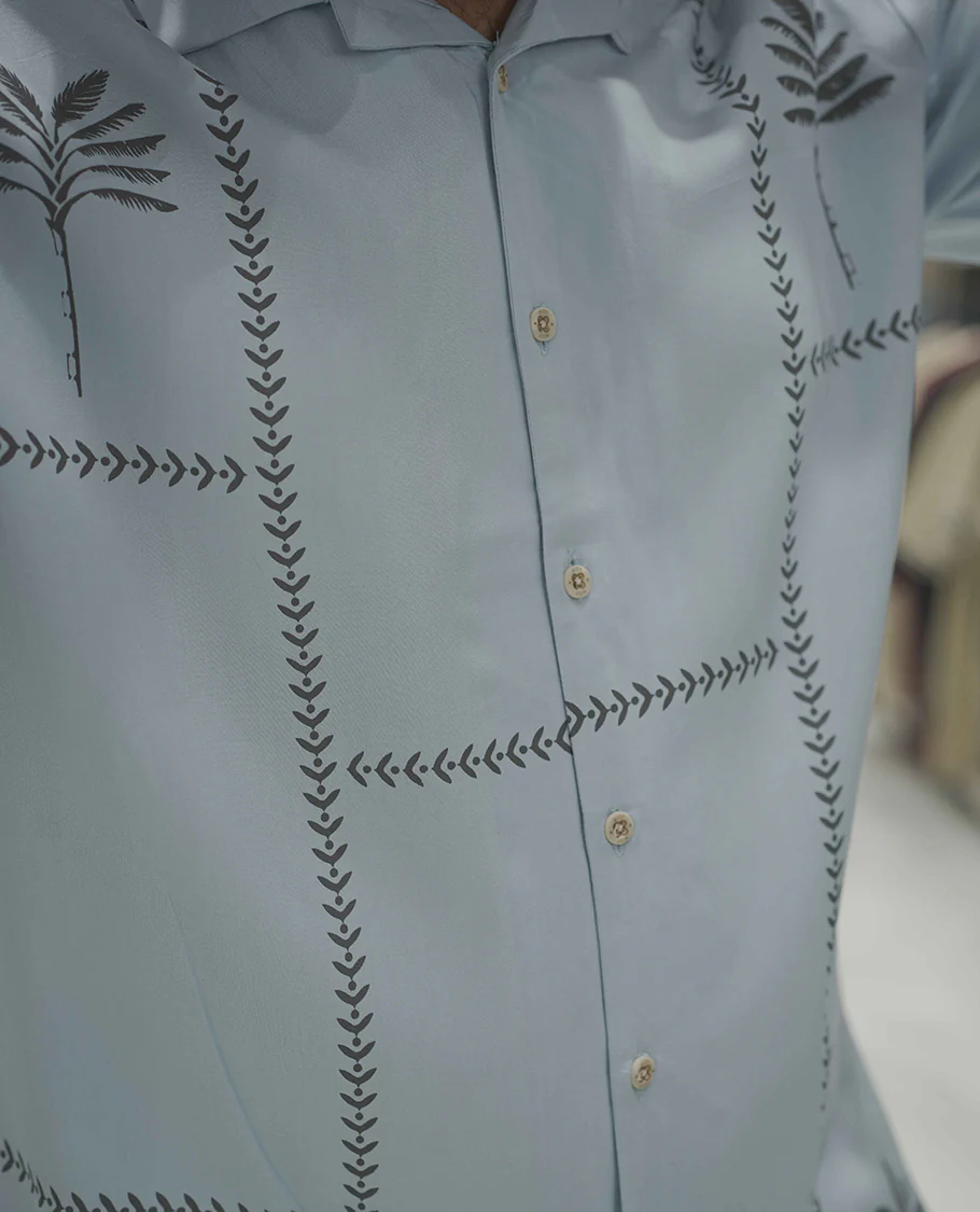 Light Blue Cotton-Blended Casual Shirt, Subtle Sparkled with Contemporary Prints, Comes with a Cuban Collar, Half-Sleeves, Regular Fit, and Regular Length - Image 5