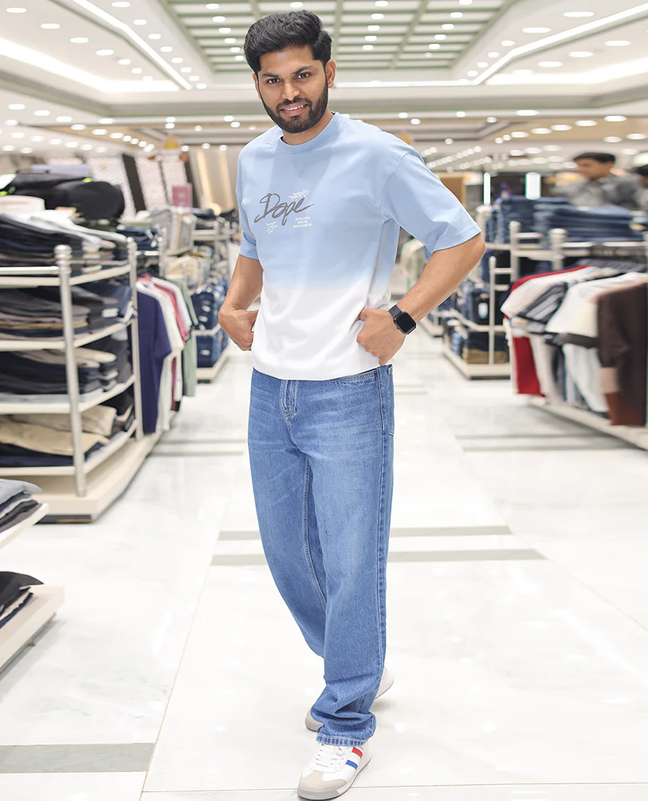 Light Blue Cotton-Blended Ombre T-Shirt, Artfully Detailed with Funky Motifs and Typography Prints, Comes with a Crew Neck, Half-Sleeves, Oversized Fit, and Long Length - Image 3