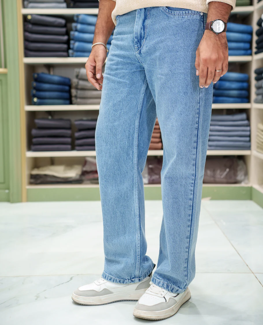 Light Blue Heathered Textured Denim Trousers Come with Baggy Fit and Regular Length - Image 2