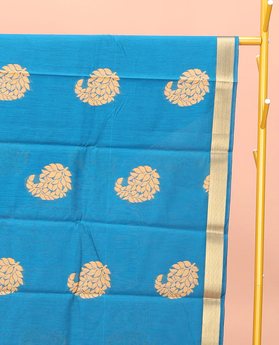 Light Blue Semi-Silk Cotton Saree, Mesmerized with Paisley Zari Buttas All Over Its Body, Highlighted by a Zari Border, Pallu of Floral and Paisley Design, and Paired with a Matching Blouse - Image 2