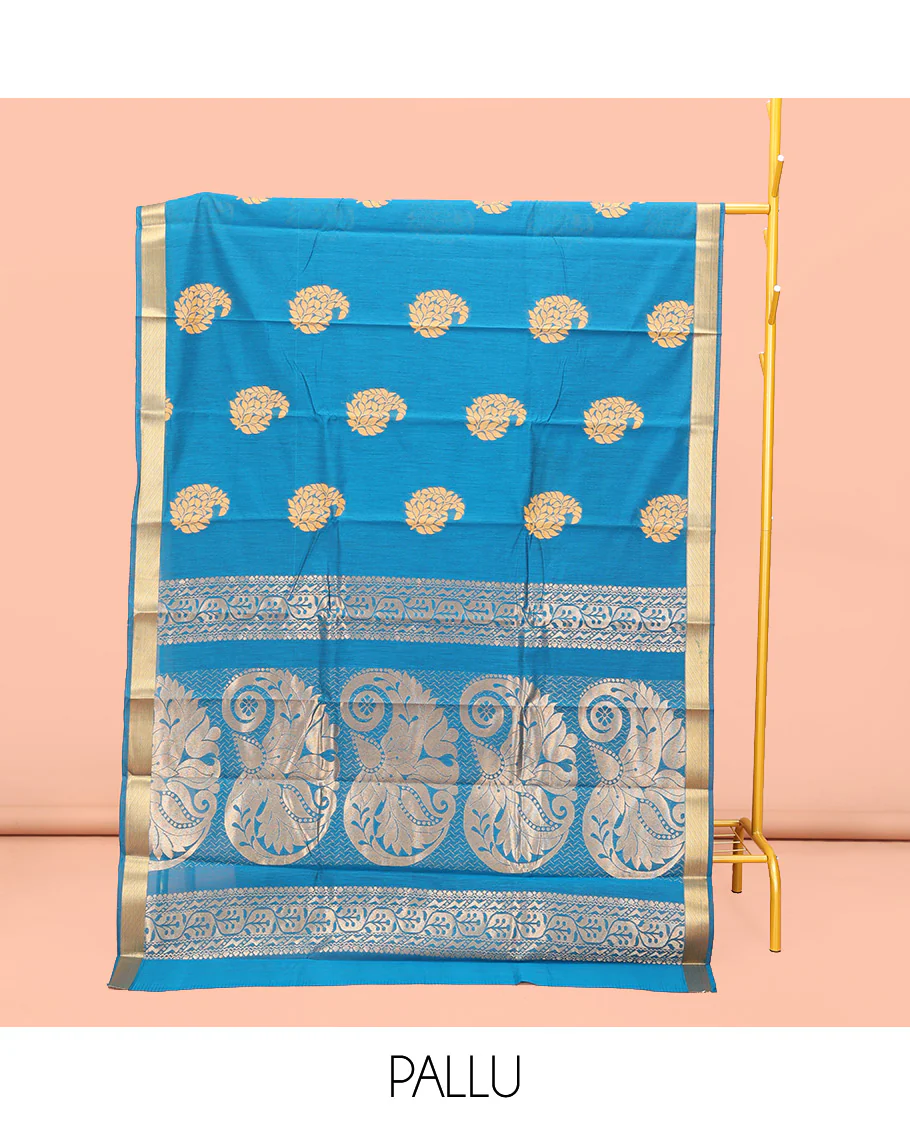 Light Blue Semi-Silk Cotton Saree, Mesmerized with Paisley Zari Buttas All Over Its Body, Highlighted by a Zari Border, Pallu of Floral and Paisley Design, and Paired with a Matching Blouse - Image 3
