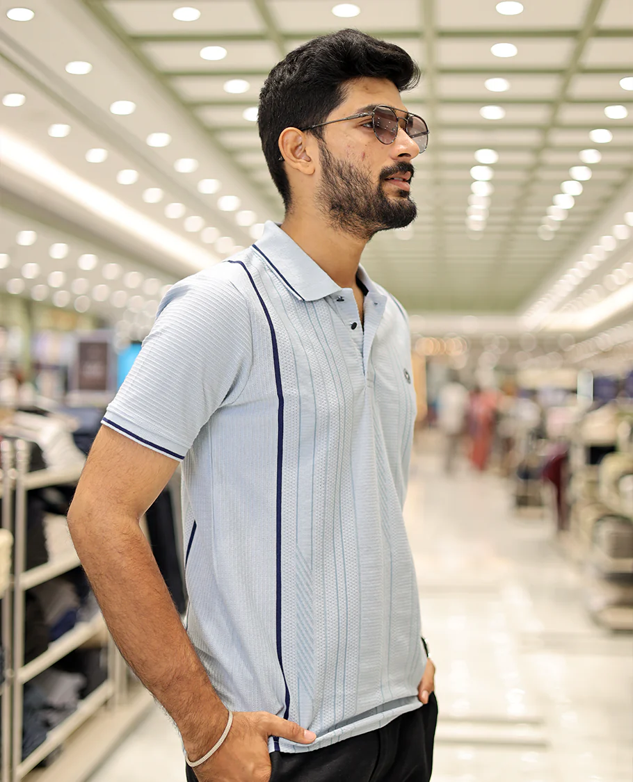 Light Blue Striped Cotton-Blended T-Shirt Comes with Half-Sleeves, a Polo Neck, a Slim Fit, and Regular Length - Image 3