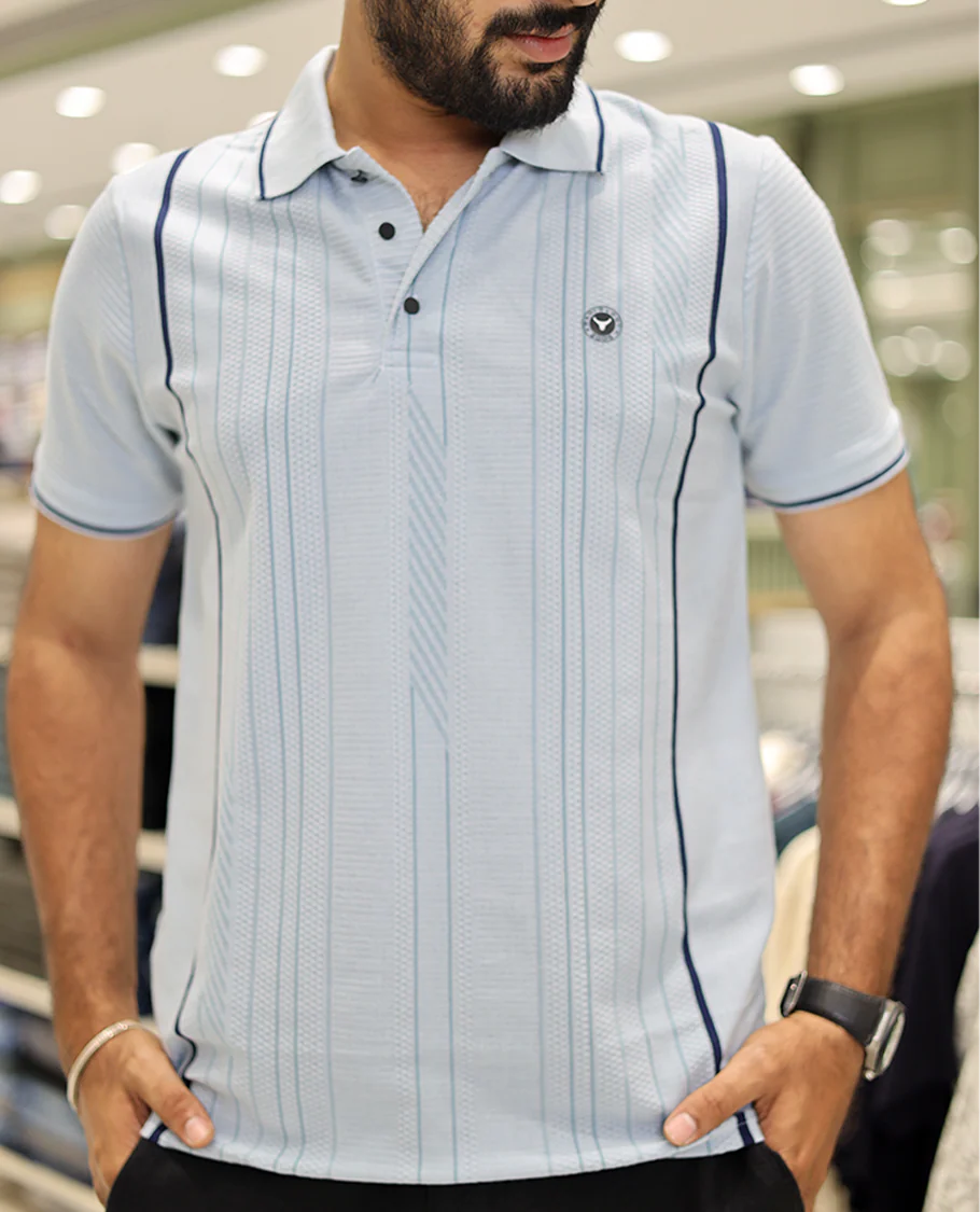 Light Blue Striped Cotton-Blended T-Shirt Comes with Half-Sleeves, a Polo Neck, a Slim Fit, and Regular Length - Image 5