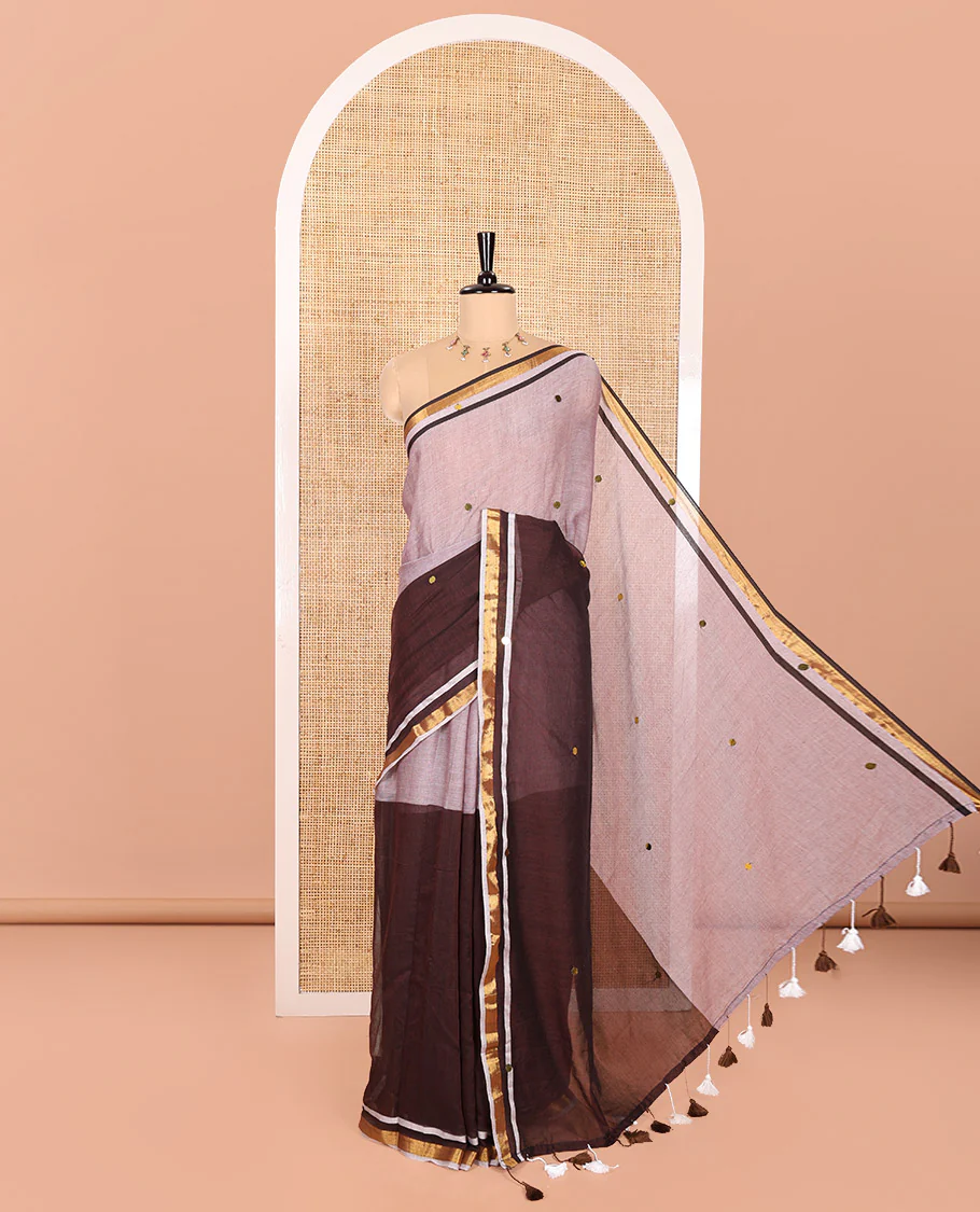 Light Brown and Dark Brown Khadi Mul Cotton Saree, Mesmerized with Double-Color Half-And-Half-Style Jamki Work, Complemented by Contrast Zari Border, and Paired with a Matching Blouse
