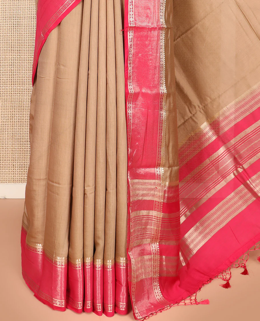 Light Brown Plain Assam Silk Saree, Complemented by a Contrast Traditional Zari Design Border of Rudraksha Motifs, a Gleaming Pallu of Zari Stripes, and Paired with a Contrast Blouse - Image 3