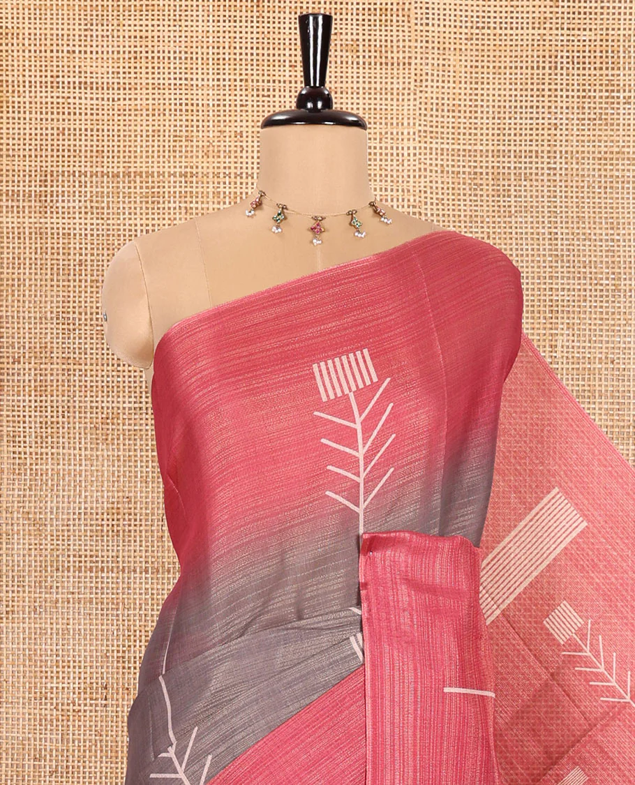 Light Brown Tissue Saree, Adorned with Horizontal Stripes and Unique Motifs Printed All Over Its Body, Complemented by Contrast Printed Border, Pallu Depicts Geometric Patterns, and Paired with a Contrast Geometric Printed Blouse - Image 2