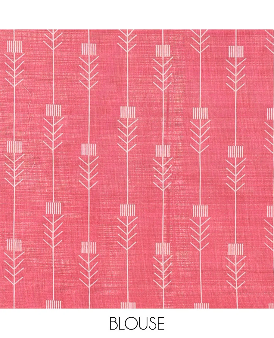 Light Brown Tissue Saree, Adorned with Horizontal Stripes and Unique Motifs Printed All Over Its Body, Complemented by Contrast Printed Border, Pallu Depicts Geometric Patterns, and Paired with a Contrast Geometric Printed Blouse - Image 3