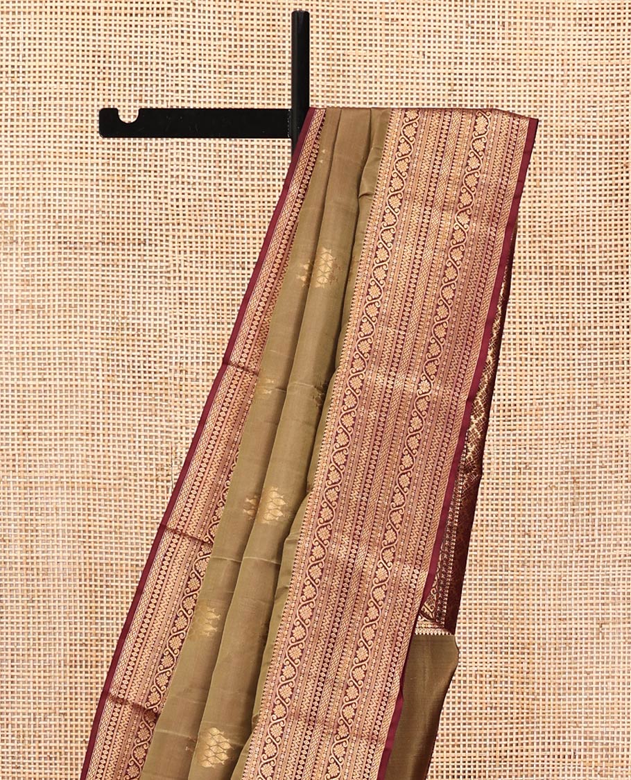 Light Brown Vasundhara Lite Silk Mix Saree, Ornamented With Zari Buttas All Over Its Body, Complemented by Contrast Border of Thilakam Mokku, Kodi Visiry, Neli, Diamond, and Paiyadi Kattam, Grand Pallu and Paired with a Contrast Blouse - Image 3