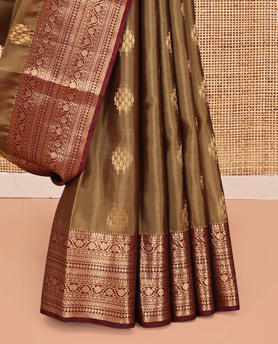 Light Brown Vasundhara Lite Silk Mix Saree, Ornamented With Zari Buttas All Over Its Body, Complemented by Contrast Border of Thilakam Mokku, Kodi Visiry, Neli, Diamond, and Paiyadi Kattam, Grand Pallu and Paired with a Contrast Blouse - Image 4