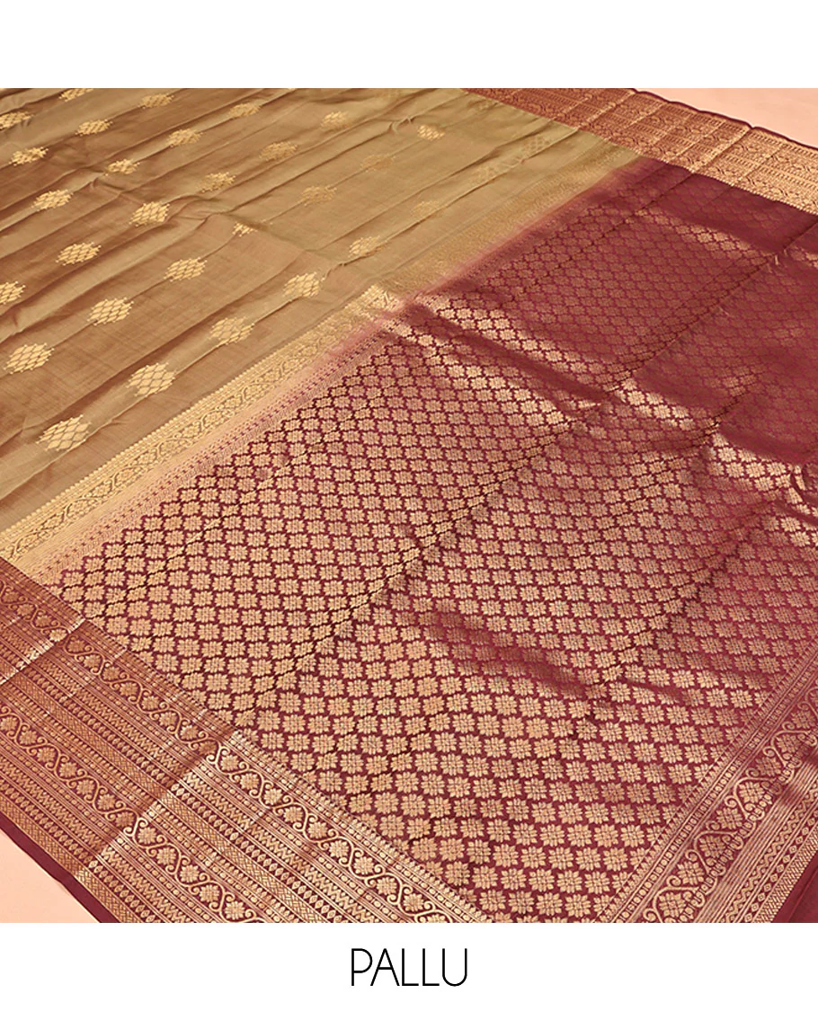 Light Brown Vasundhara Lite Silk Mix Saree, Ornamented With Zari Buttas All Over Its Body, Complemented by Contrast Border of Thilakam Mokku, Kodi Visiry, Neli, Diamond, and Paiyadi Kattam, Grand Pallu and Paired with a Contrast Blouse - Image 5