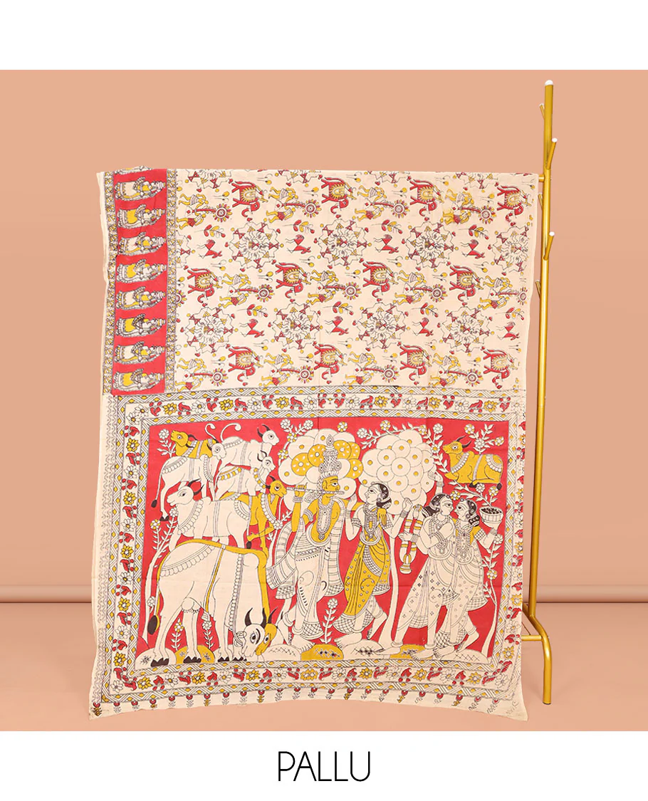 Light Cream Machine-Printed Kalamkari Cotton Saree, Artfully Printed with Warli-Motifs on Its Body, Complemented by a Contrast Human Motifs Printed Border, Pallu of Lord Radha Krishnan Print, and Paired with a Printed Blouse - Image 2