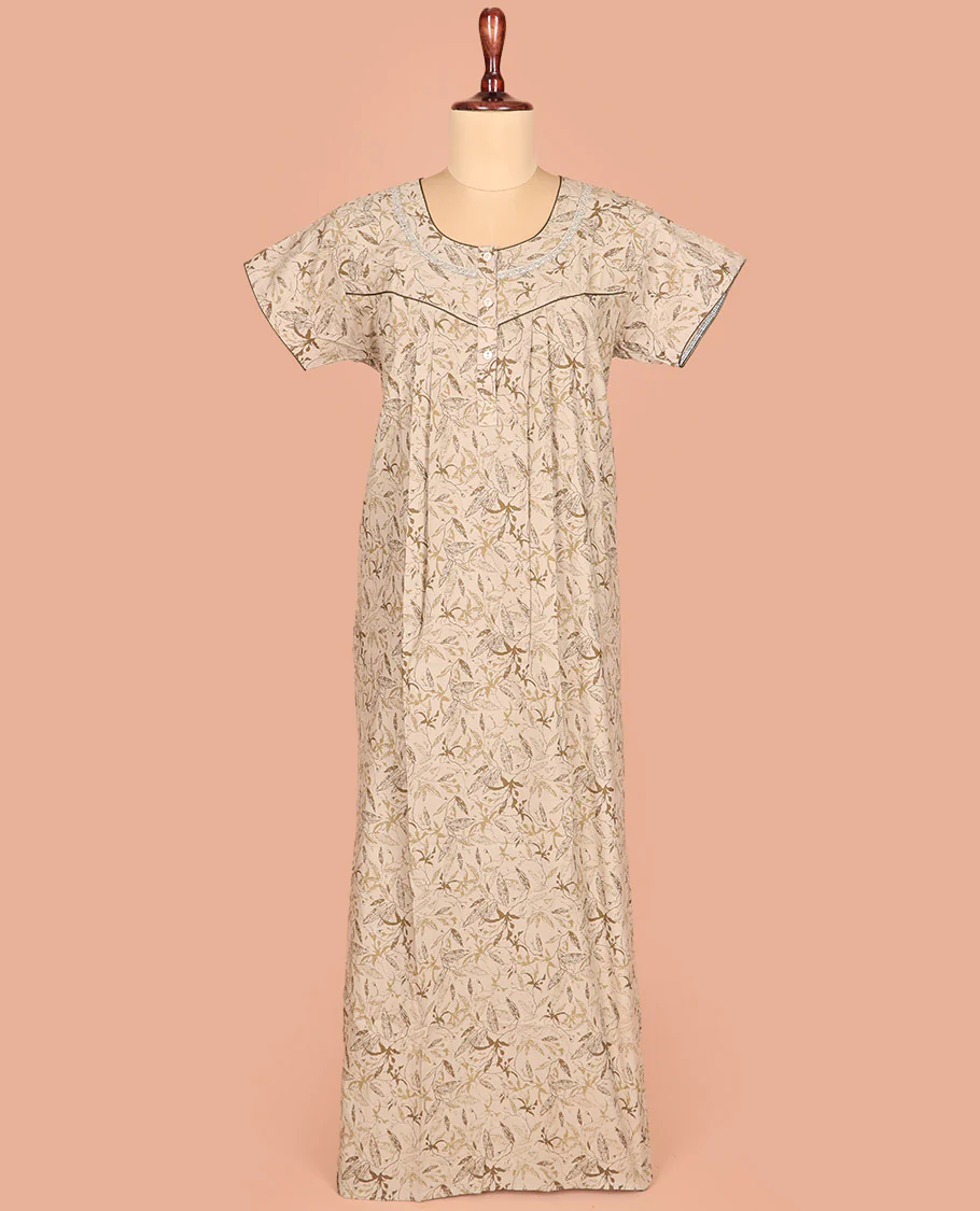 Light Fawn Color Cotton Nighty Embellished with Floral Vine Design Print, Featuring Lace Work, Round Front Neck, and Half-Sleeves - Image 2