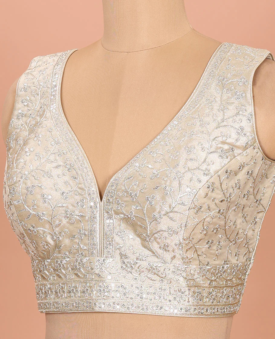 Light gold floral embroidered front sweet heart-neck sleeveless readymade blouse - Image 2
