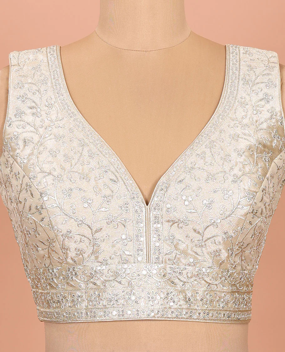 Light gold floral embroidered front sweet heart-neck sleeveless readymade blouse - Image 3