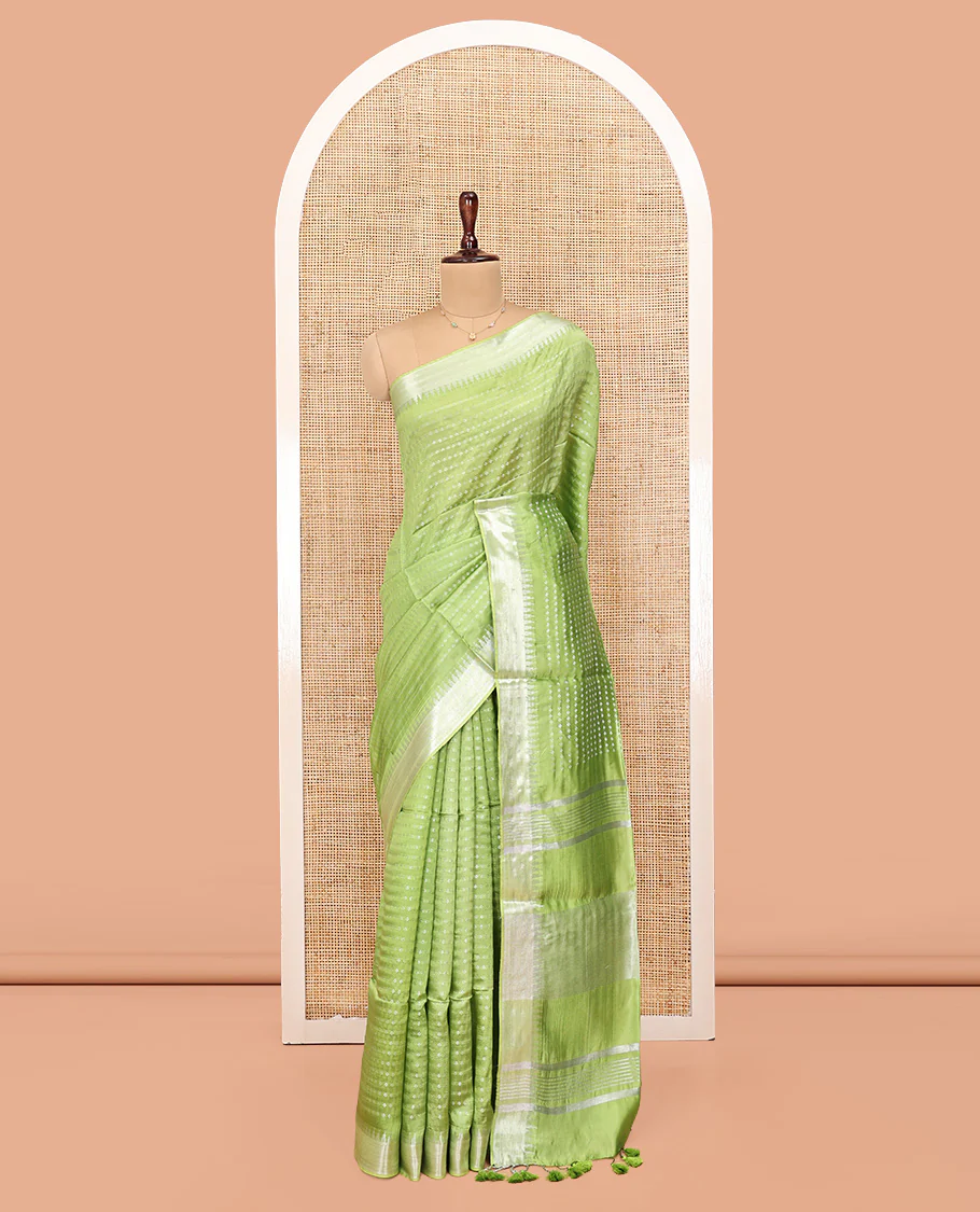 Light Green Banana Pith Saree, Lightly Embellished with Buttas All Over Its Body, Highlighted by a Zari Temple Border, Gleaming Zari Striped Pallu, and Paired with a Matching Blouse - Image 3