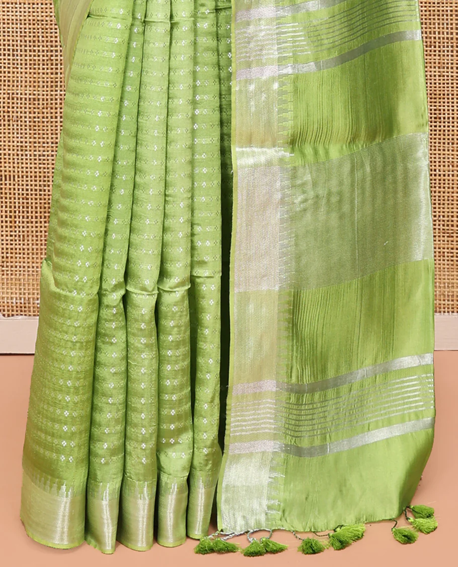 Light Green Banana Pith Saree, Lightly Embellished with Buttas All Over Its Body, Highlighted by a Zari Temple Border, Gleaming Zari Striped Pallu, and Paired with a Matching Blouse - Image 4