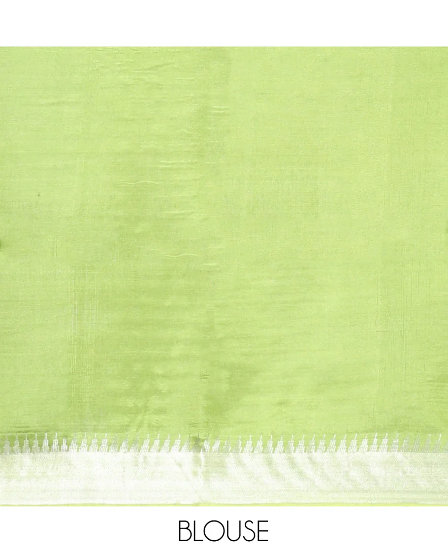 Light Green Banana Pith Saree, Lightly Embellished with Buttas All Over Its Body, Highlighted by a Zari Temple Border, Gleaming Zari Striped Pallu, and Paired with a Matching Blouse - Image 5