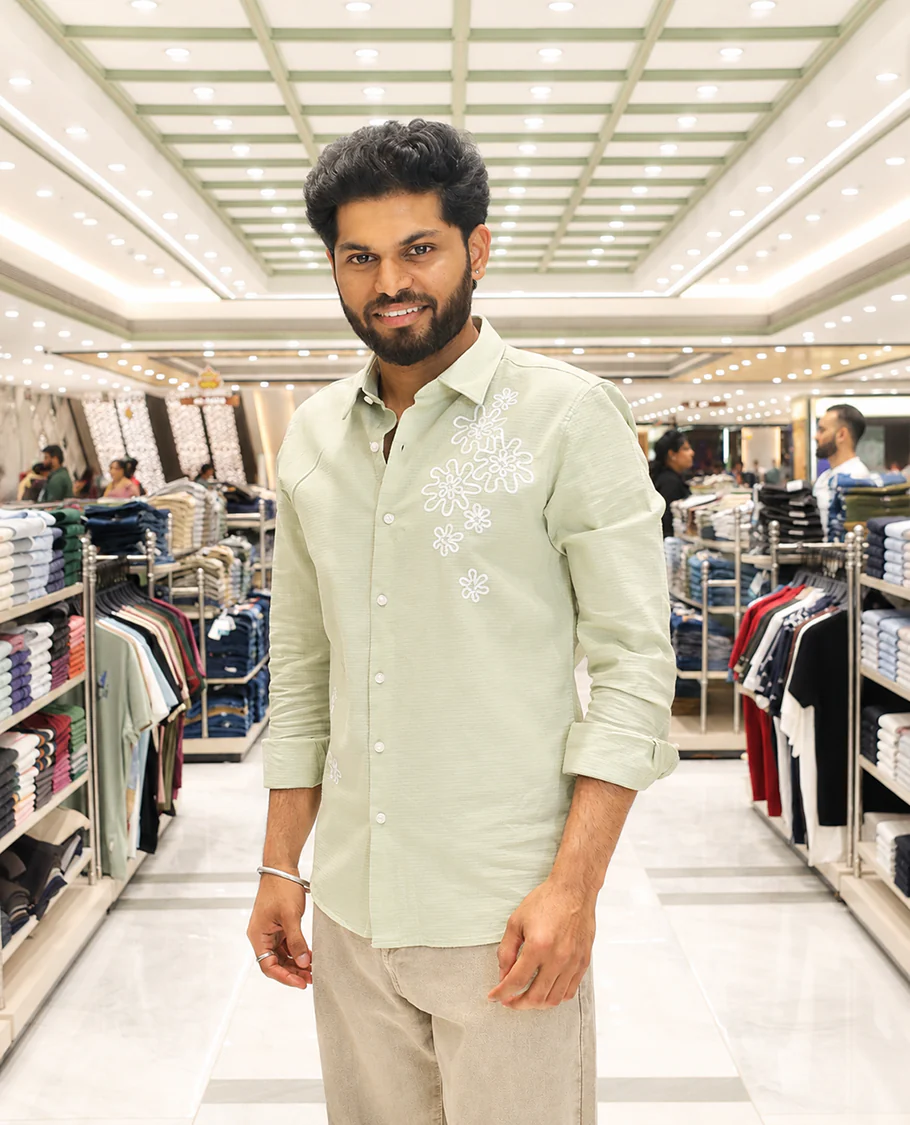 Light Green Cotton-Blended Casual Shirt, Adorned with Flower Thread Outline Embroidery, Featuring a Spread Collar, Full Sleeves, Slim Fit, and Regular Length - Image 2