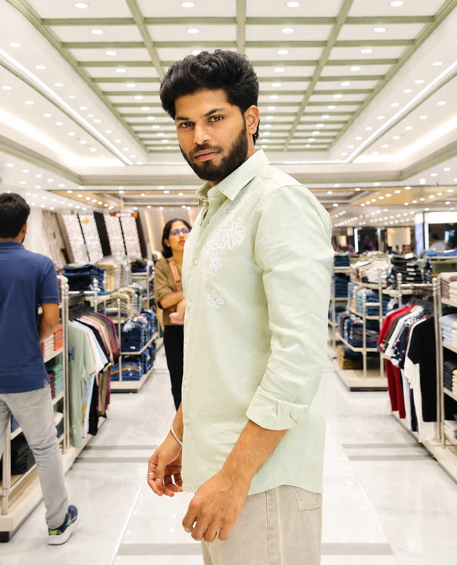 Light Green Cotton-Blended Casual Shirt, Adorned with Flower Thread Outline Embroidery, Featuring a Spread Collar, Full Sleeves, Slim Fit, and Regular Length - Image 3