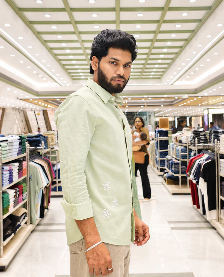 Light Green Cotton-Blended Casual Shirt, Adorned with Flower Thread Outline Embroidery, Featuring a Spread Collar, Full Sleeves, Slim Fit, and Regular Length - Image 4