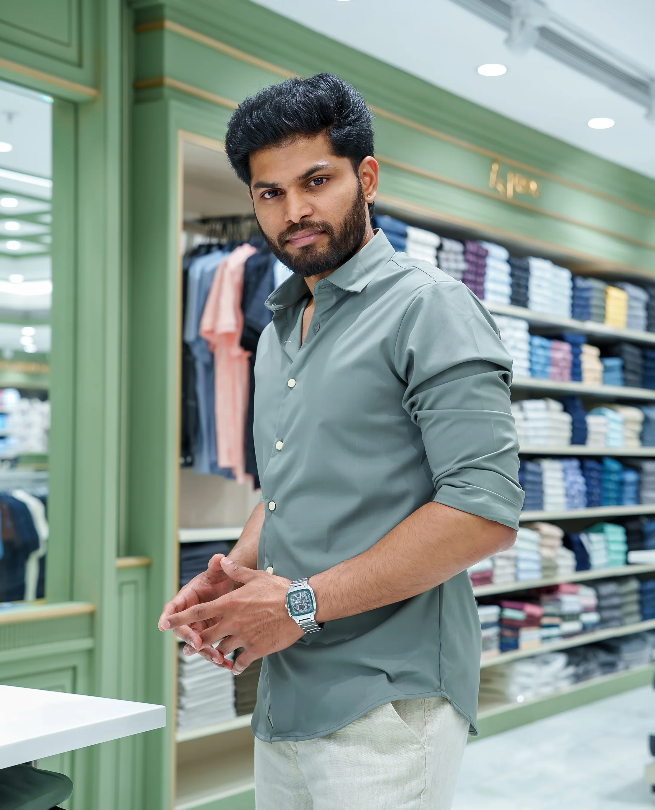 Light Green Plain Cotton Blended Casual Liquid Shirt, Featuring a Spread Collar, Full Sleeves, Slim Fit, and Regular Length - Image 3