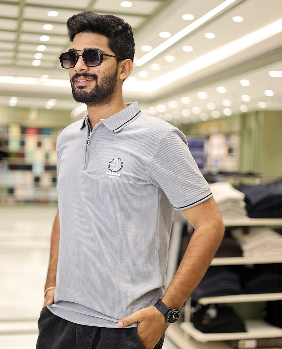 Light Grey Corduroy T-Shirt Comes with a Polo Neck, Half-Sleeves, a Slim Fit, and Regular Length - Image 2