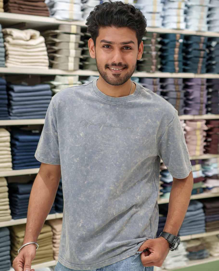 Light Grey Cotton-Blended Lava-Wash T-Shirt Comes with a Typographic Print, Crew Neck, Half Sleeves, Oversized Fit, and Regular Length - Image 3