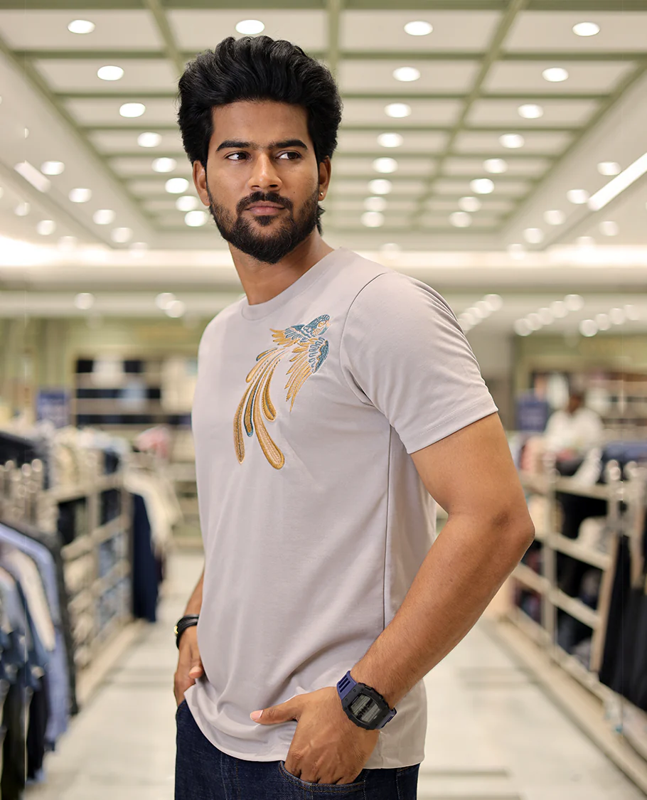 Light Grey Cotton-Blended T-Shirt Comes with Bird Motifs Embroidery, Half-Sleeves, a Crew Neck, a Slim Fit, and Regular Length - Image 2