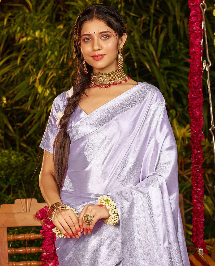 Light Grey Designer Catalog Saree, Sparsely Woven with Buttas All Over Its Body, Subtly Floral Creeper Design Border, Majestically Detailed Pallu, and Paired with a Matching Blouse - Image 2