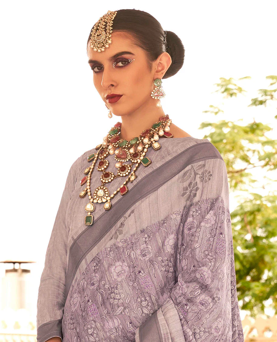 Light lavender floral motifs printed designer catalog saree, contrast floral motifs border, and pallu of temple plain pallu - Image 2
