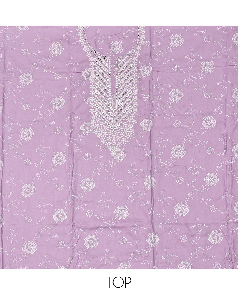 Light Lavender Material Chudidar Set, Adorned with Subtle Print and Neck Embroidery on Rayon Top, a Contrast Polka Dot Printed Bottom, and Paired with Embroidered Chiffon Dupatta - Image 2
