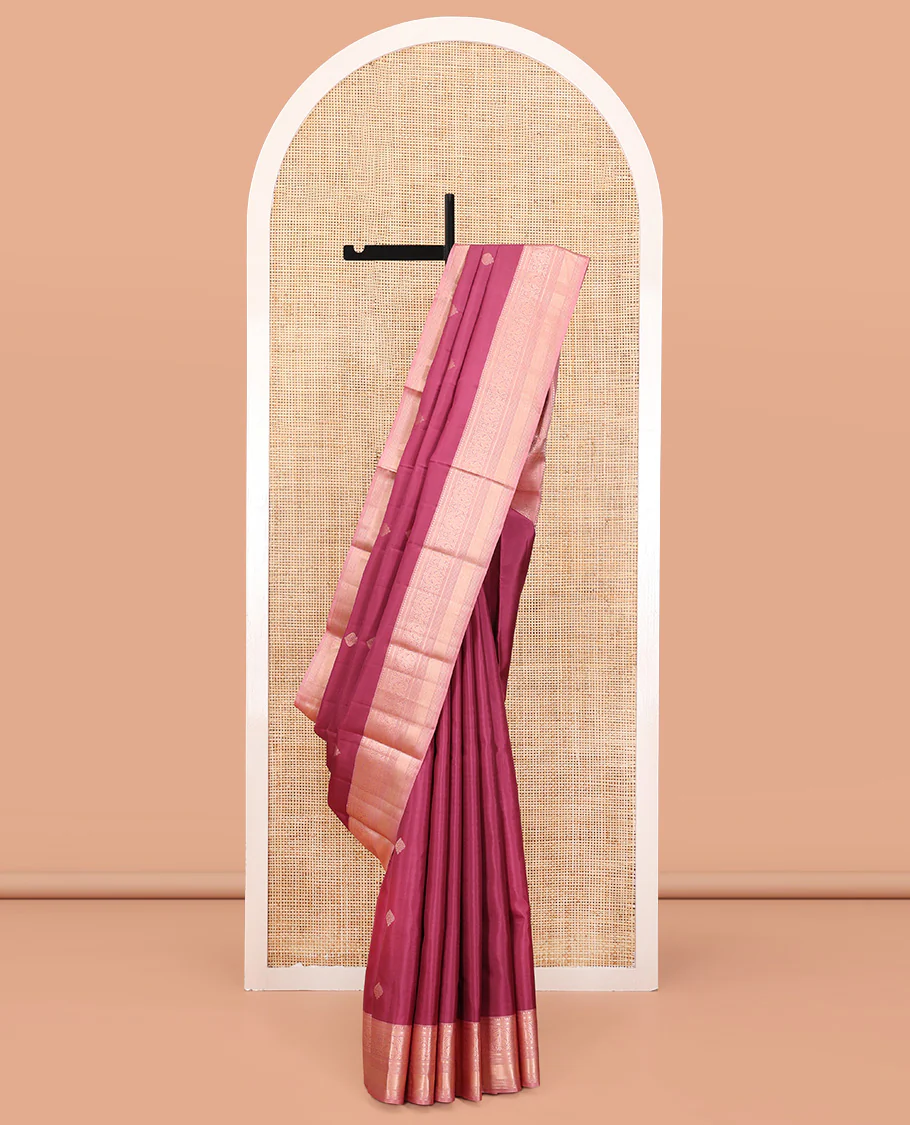 Light Maroon Vasundhara Silk Saree, Woven with Zari Buttas All Over Its Body, Complemented by a Contrast Border of Rekku, Muthu, Kili, Banaras, Neli, and Mayil Kann Designs, Grand Pallu, and Paired with a Contrast Blouse