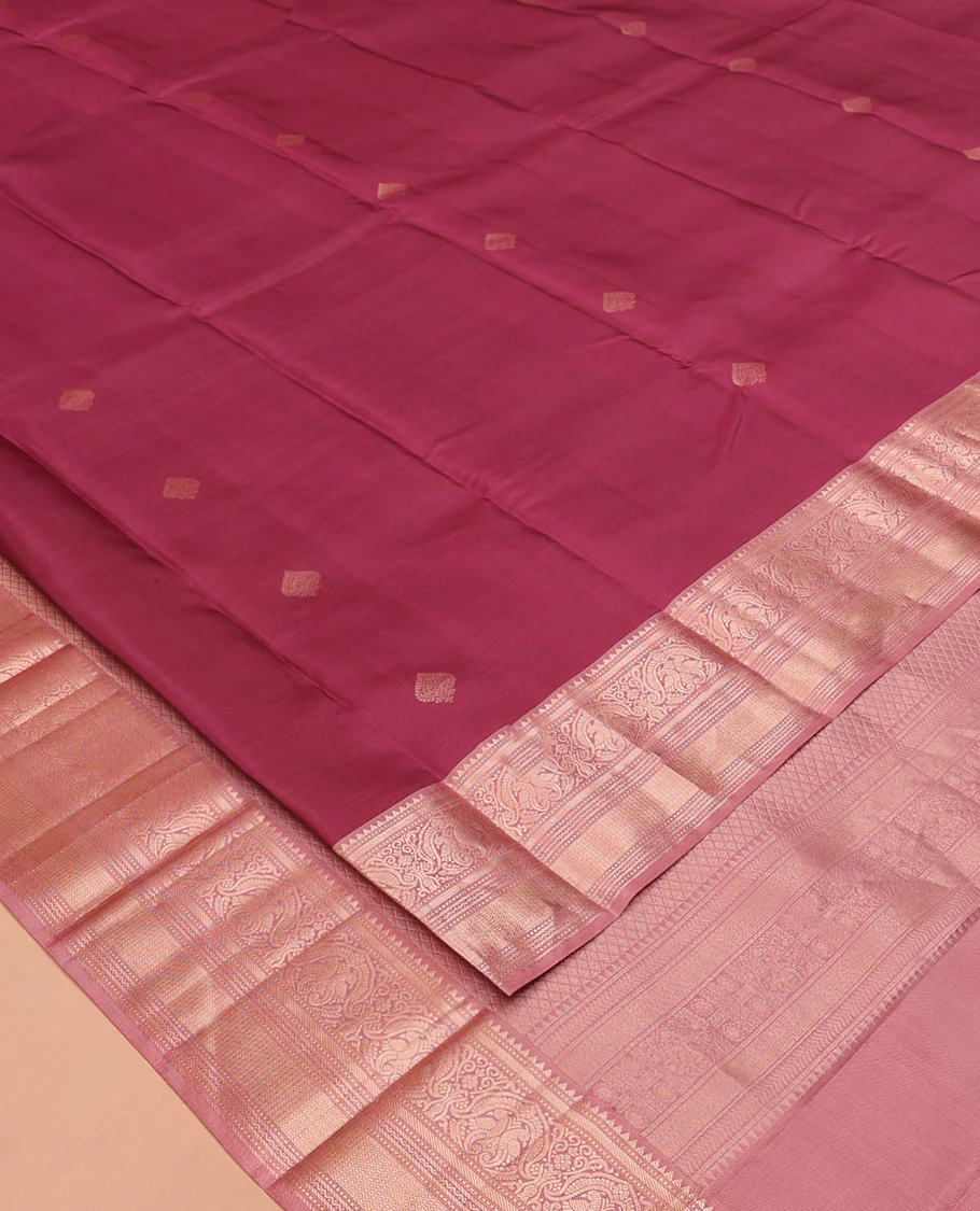 Light Maroon Vasundhara Silk Saree, Woven with Zari Buttas All Over Its Body, Complemented by a Contrast Border of Rekku, Muthu, Kili, Banaras, Neli, and Mayil Kann Designs, Grand Pallu, and Paired with a Contrast Blouse - Image 2